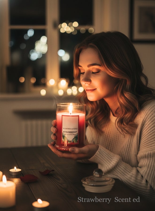 Feelings Strawberry Scented Glass Jar Candle - Long-Lasting Fragrance for Romantic Home & Kitchen Decor - Image 3